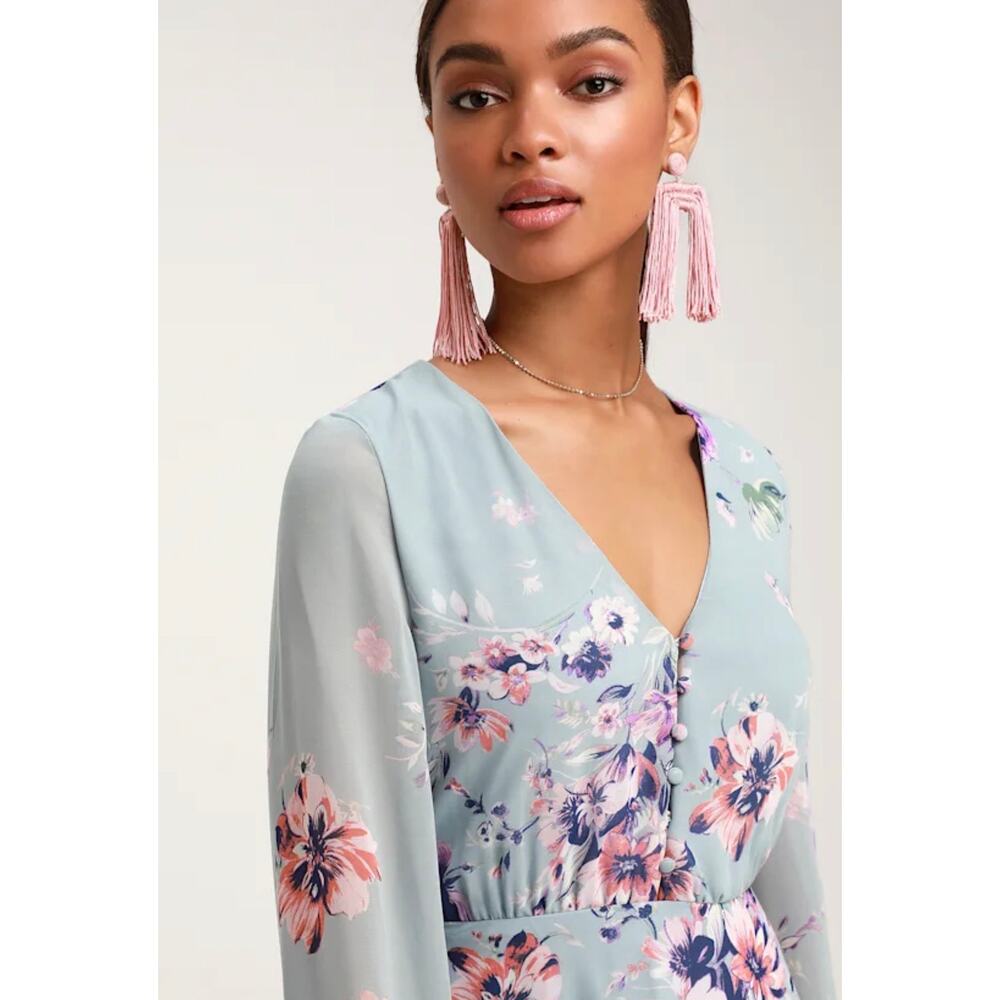 New Lulus Always Yours Light Blue Floral Print Long Sleeve Skater Dress Sz L - Picture 4 of 7